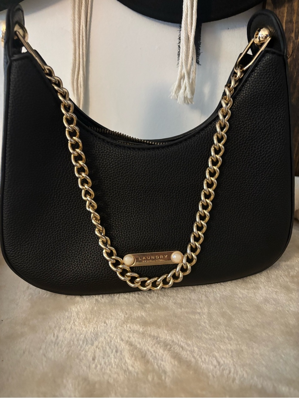 Laundry By Shelli Segal Black Shoulder Bag with Gold Chain Accent